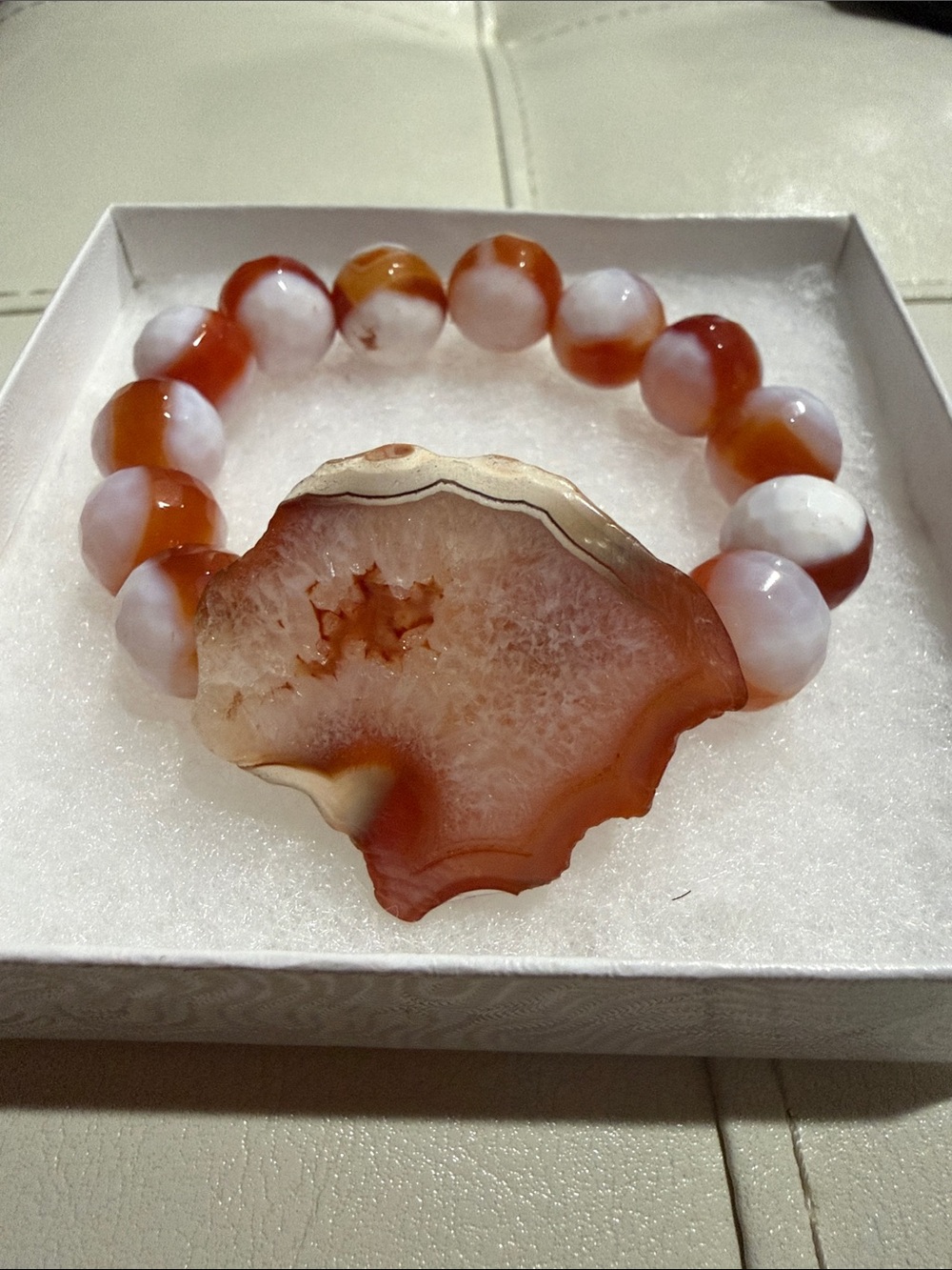 Handmade Carnelian Agate Stretch Bracelet in Orange and White